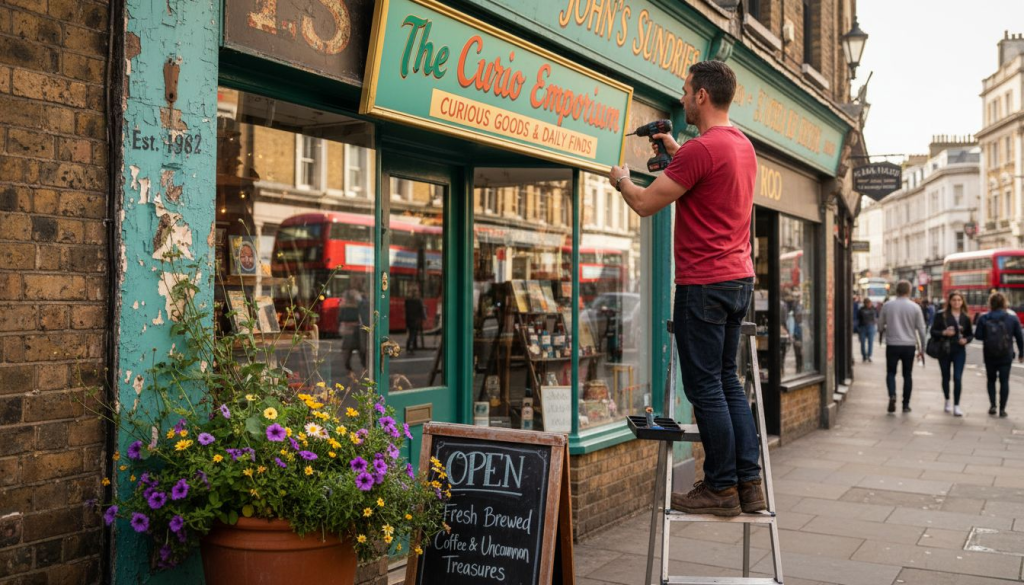 Business owner installing new storefront signage