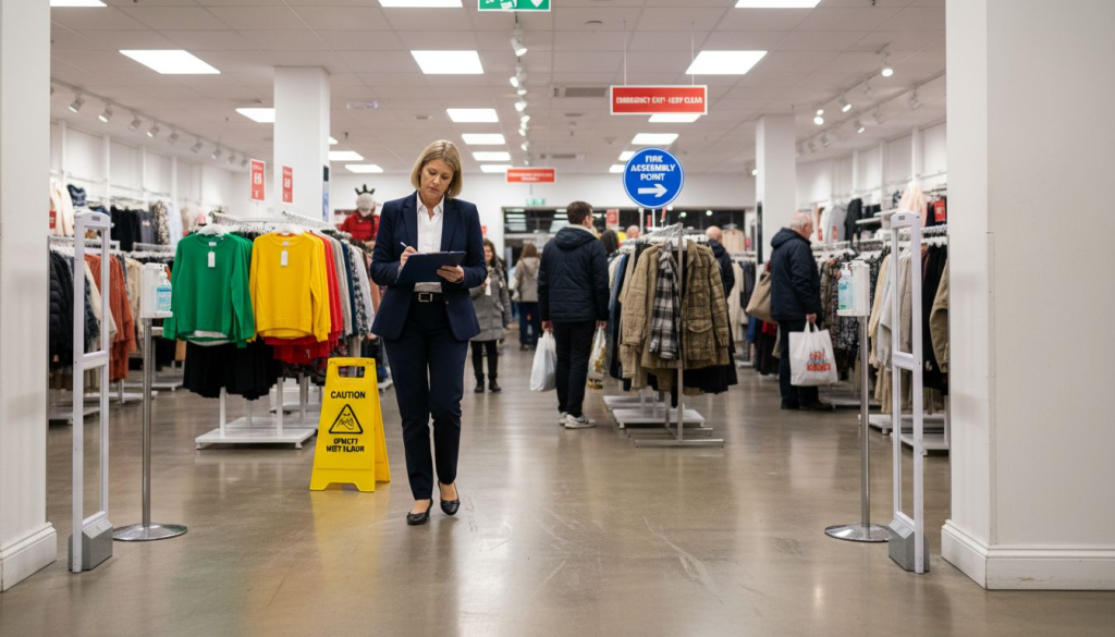 Retail manager inspecting safety signs and store
