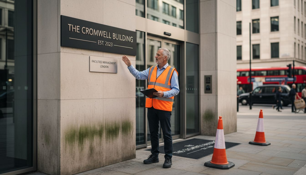 Manager checks UK office entrance signage