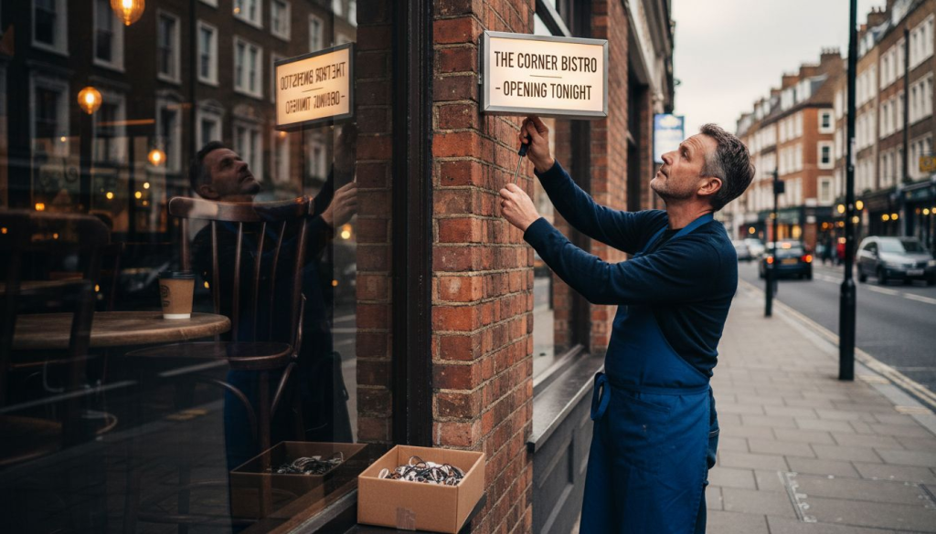 Owner installing restaurant opening sign outside