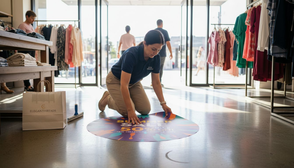 Retail store manager installing floor graphic