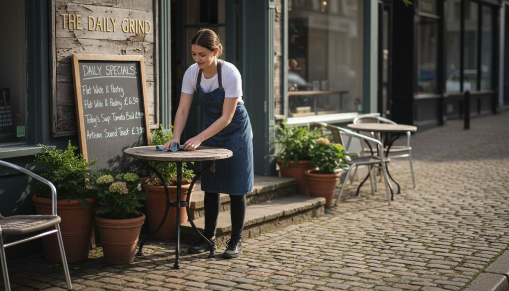 Café storefront with fascia and chalkboard signage