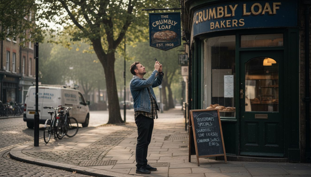 Business owner examining old shop signage