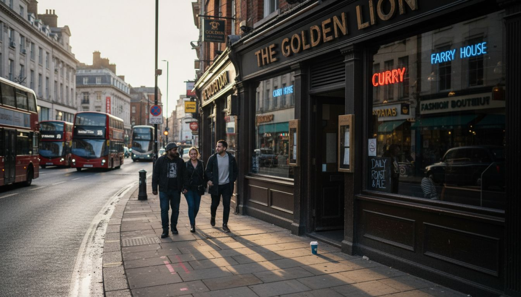 People passing restaurant with prominent signage