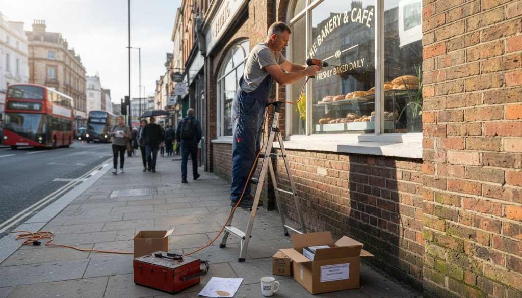Installer positions shopfront sign bracket on brick wall