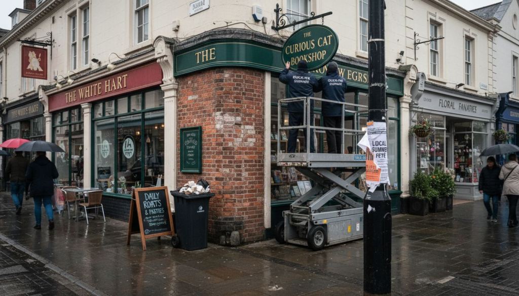Retail workers install shop signage on UK high street