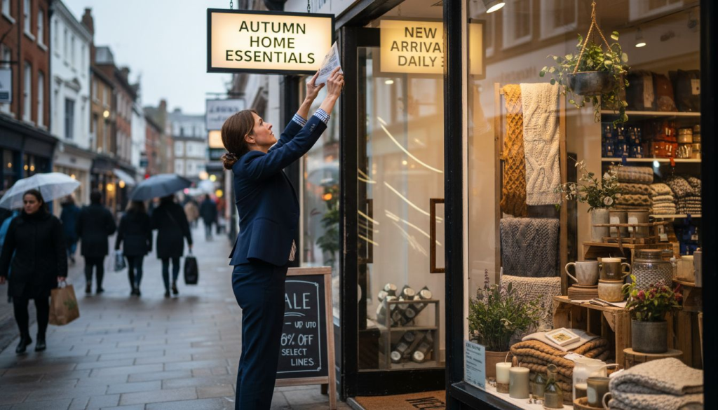 Retail manager adjusts double sided shop sign