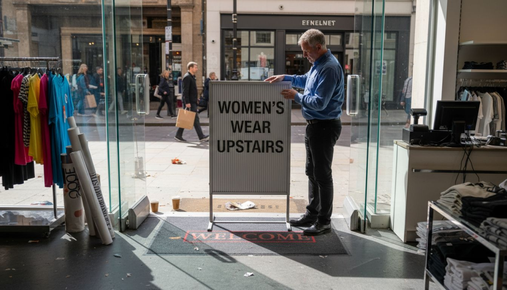 Store manager adjusting entrance directional sign