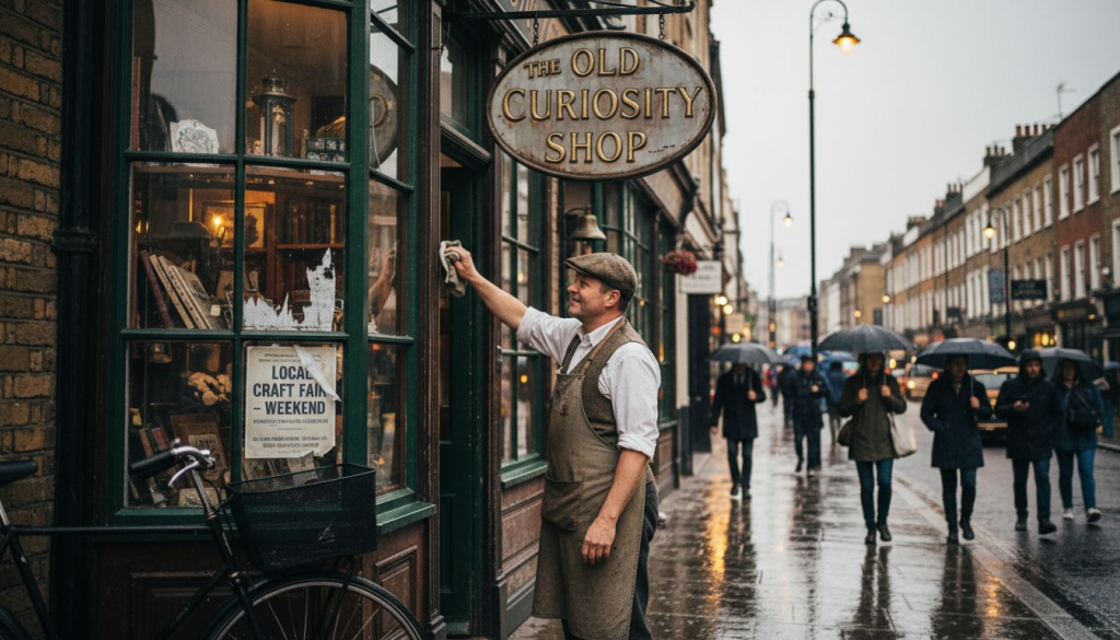 Shopkeeper maintaining weathered London shop sign