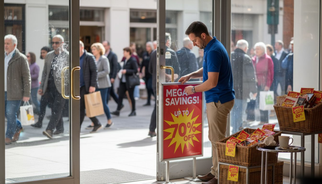Retail manager adjusting entrance promotional signage