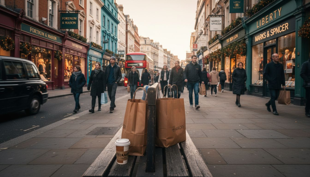 Crowded London high street with competing shop signs