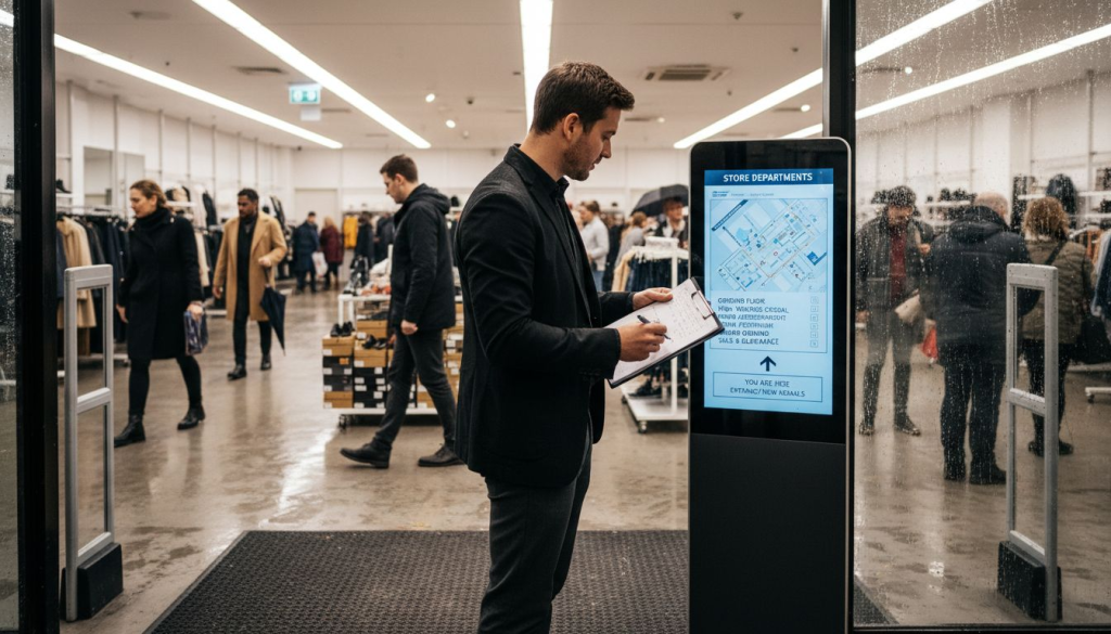 London shop manager checking wayfinding sign