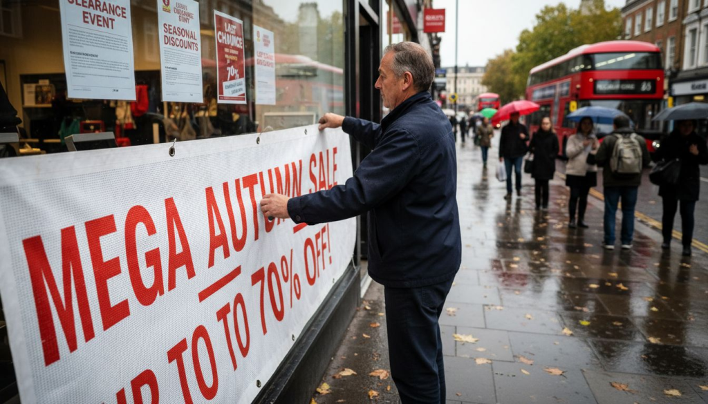 Shop owner installing mesh banner outside retail