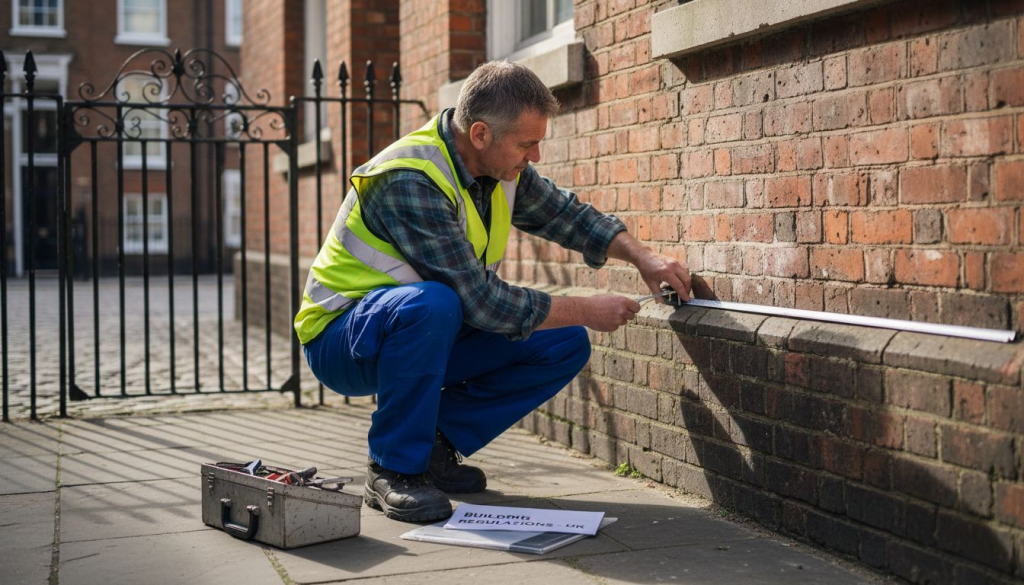 Sign installer measuring Victorian heritage facade