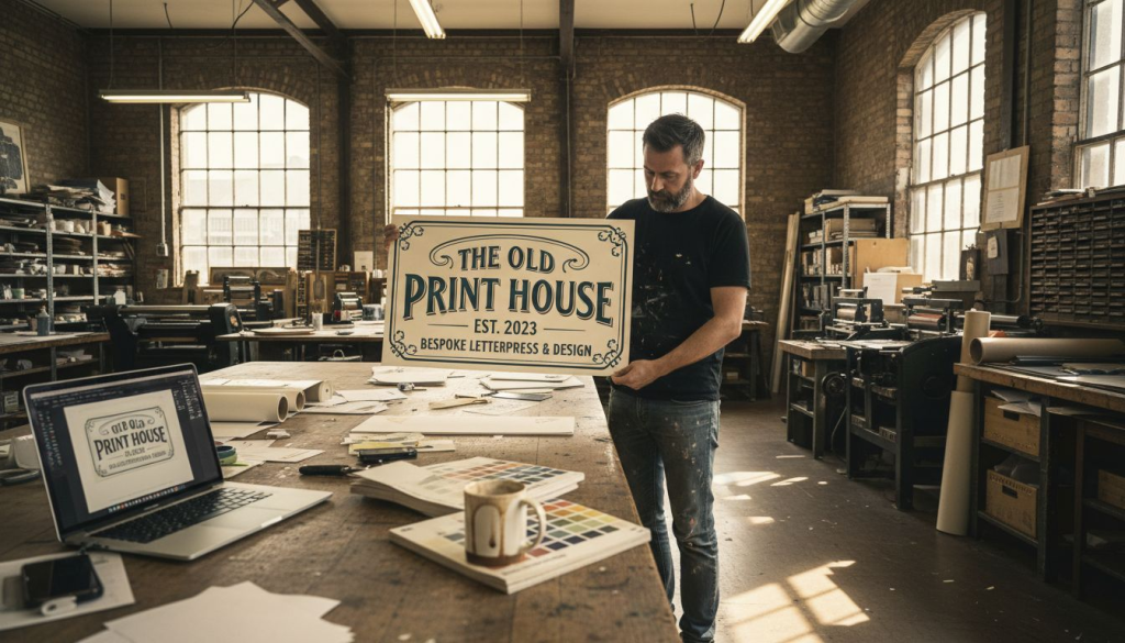 Designer reviewing print shop sign artwork