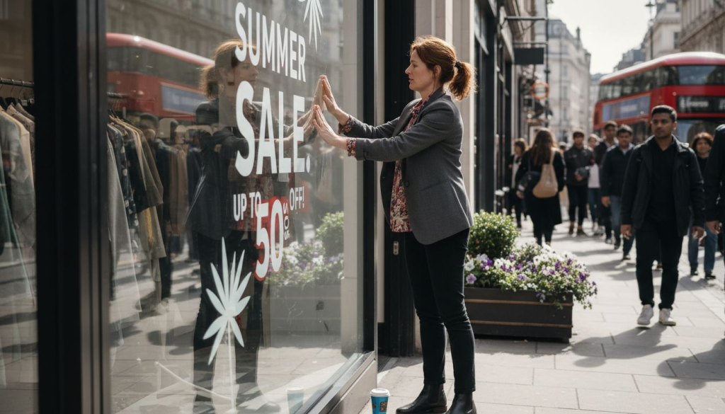 Store manager applying window graphics in London