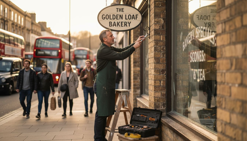 Shop owner installing freshly painted sign