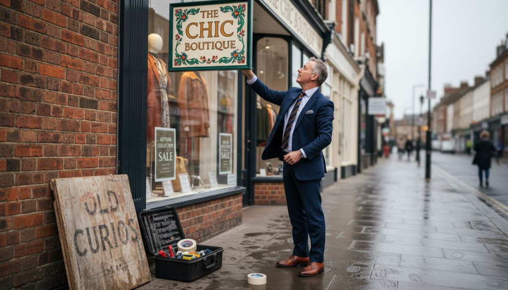 Shopkeeper installing new business sign