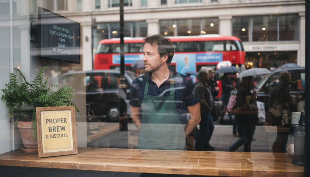 Store owner checking city shop signage
