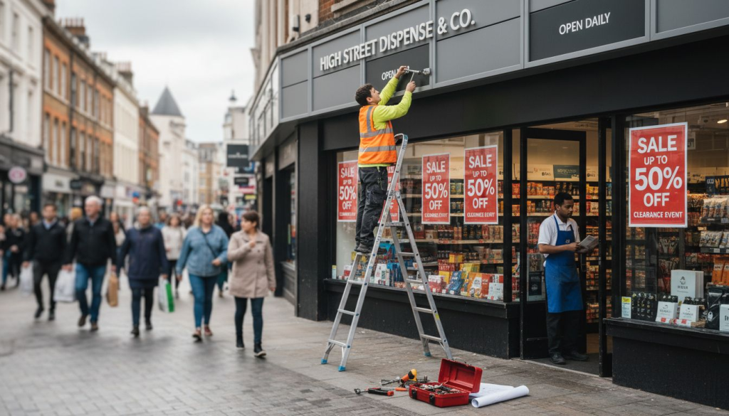 Technician installing modular shop sign outside