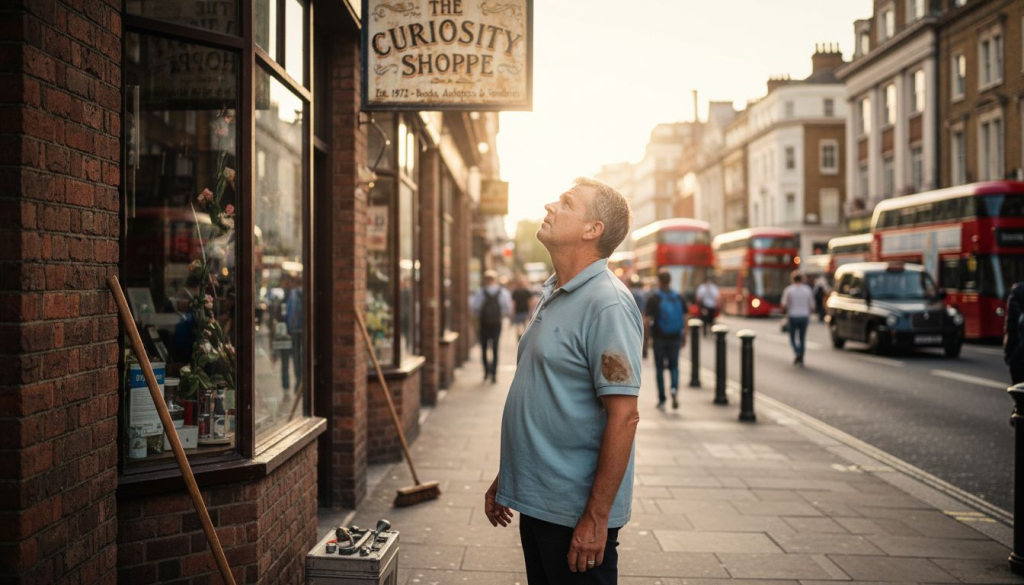 Shop owner assessing faded storefront signage