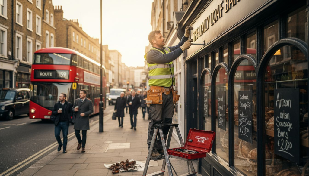 Installer fixing signage to London shopfront