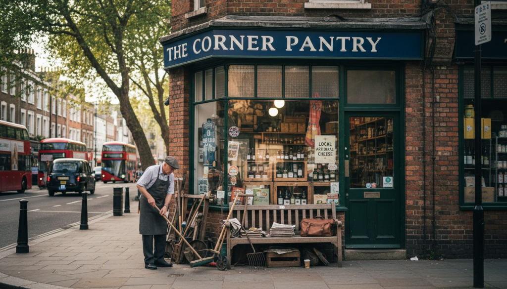 Shop owner sweeping outside London shopfront