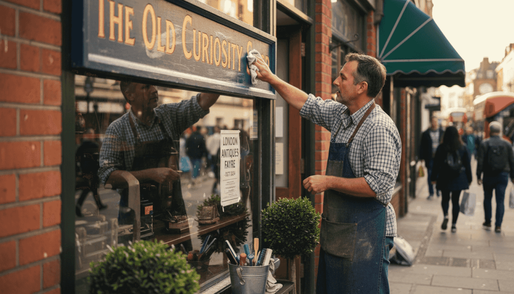Shop owner maintaining London business sign