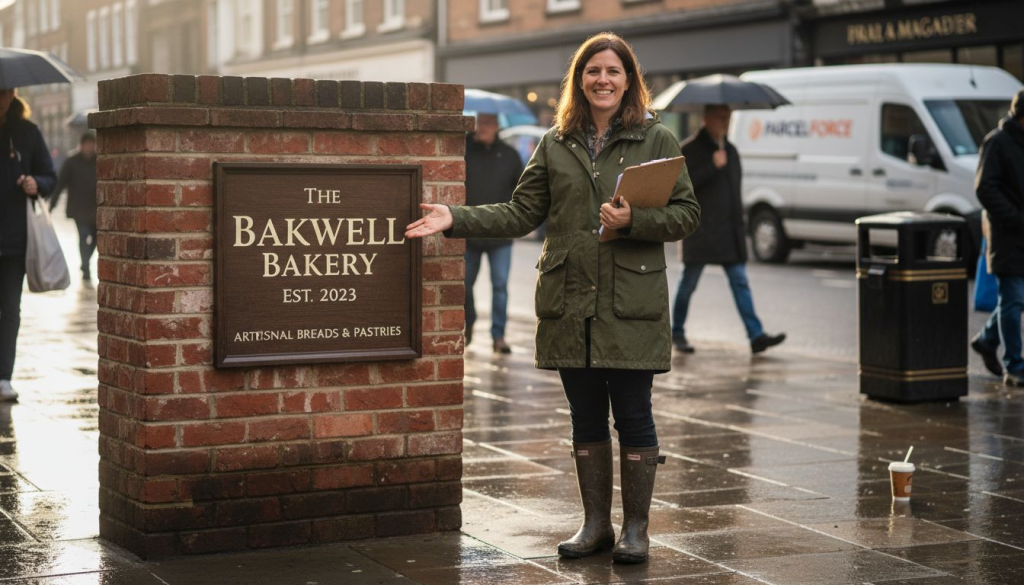 Business owner with new UK monument sign