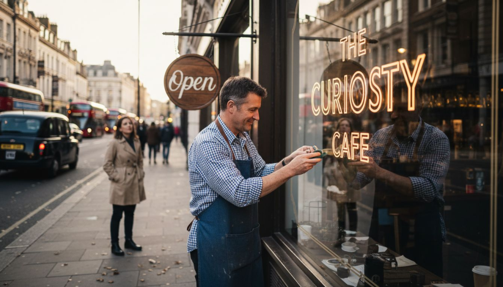 Shop owner polishing illuminated high street signage