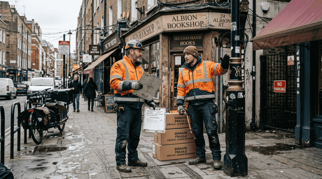 Sign installers problem-solving in busy city street