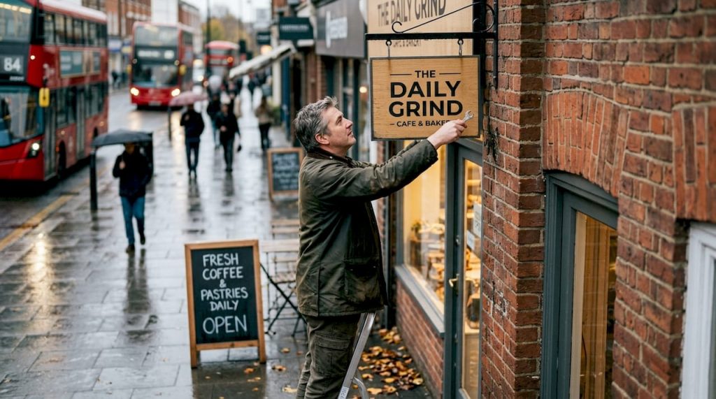 Shop owner checks hanging sign outside UK store