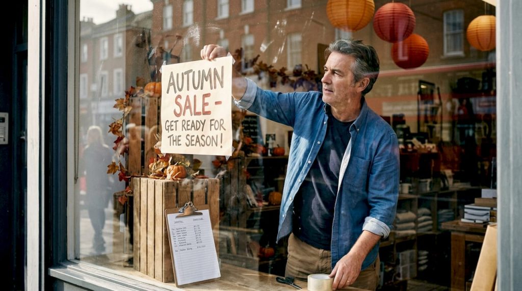 Shop owner arranging seasonal promotional signage