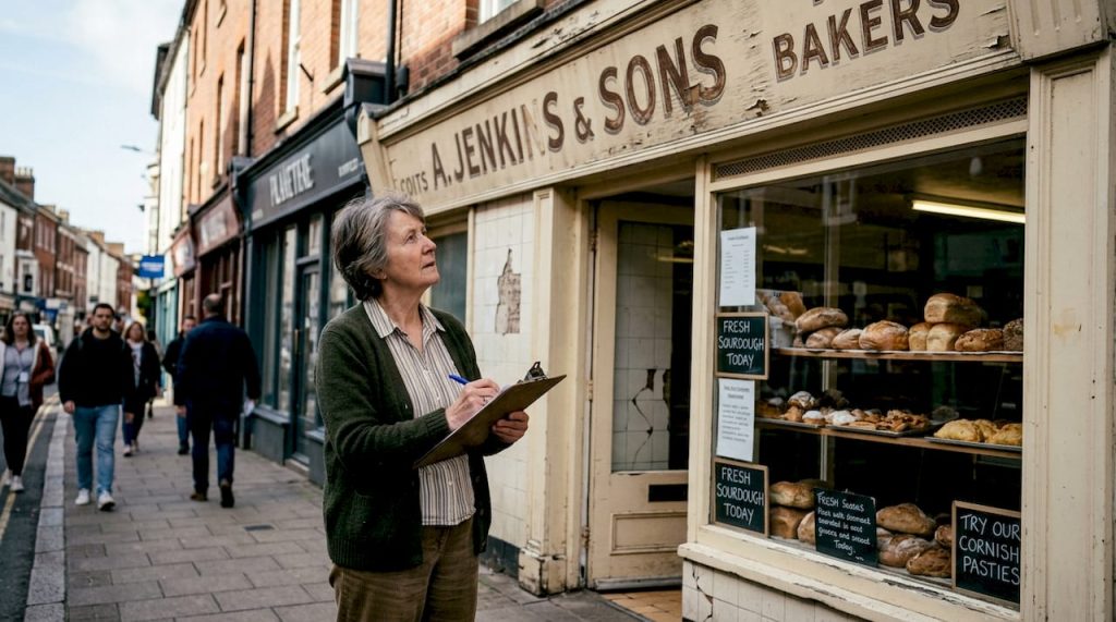 Shop owner assessing old faded shop sign