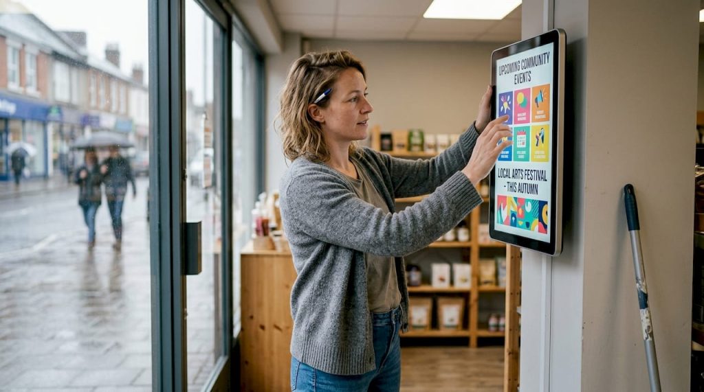 Shop manager updating store digital signage