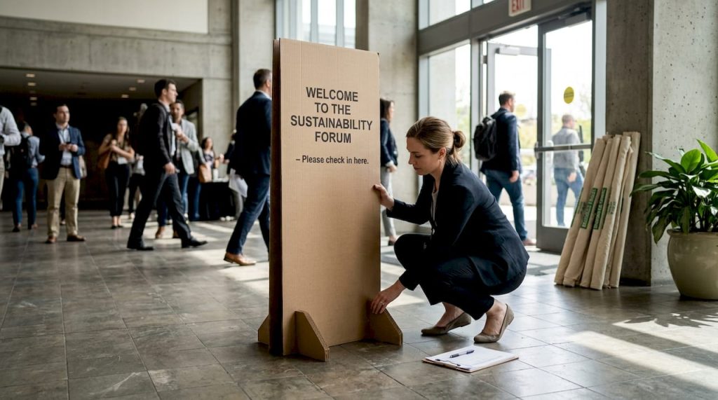 Event planner setting up sustainable signage at venue