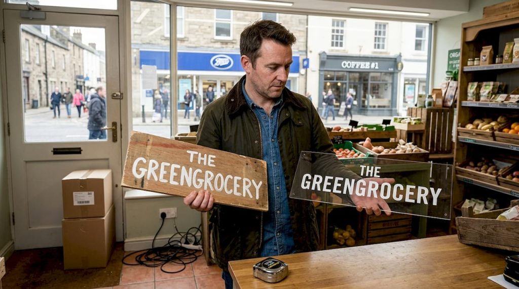 Shop owner comparing two signage samples
