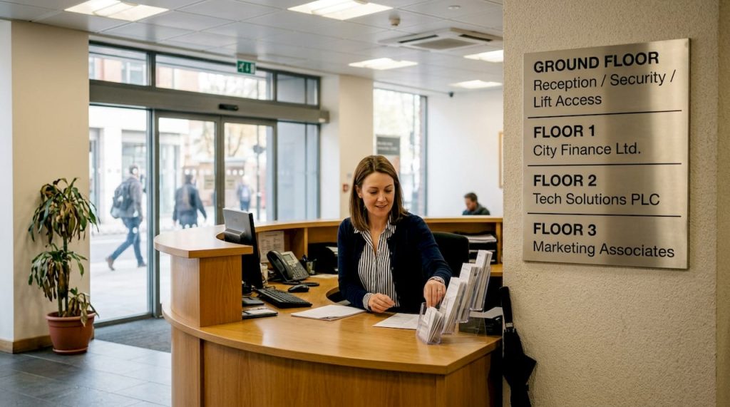 Receptionist and wayfinding sign in building lobby