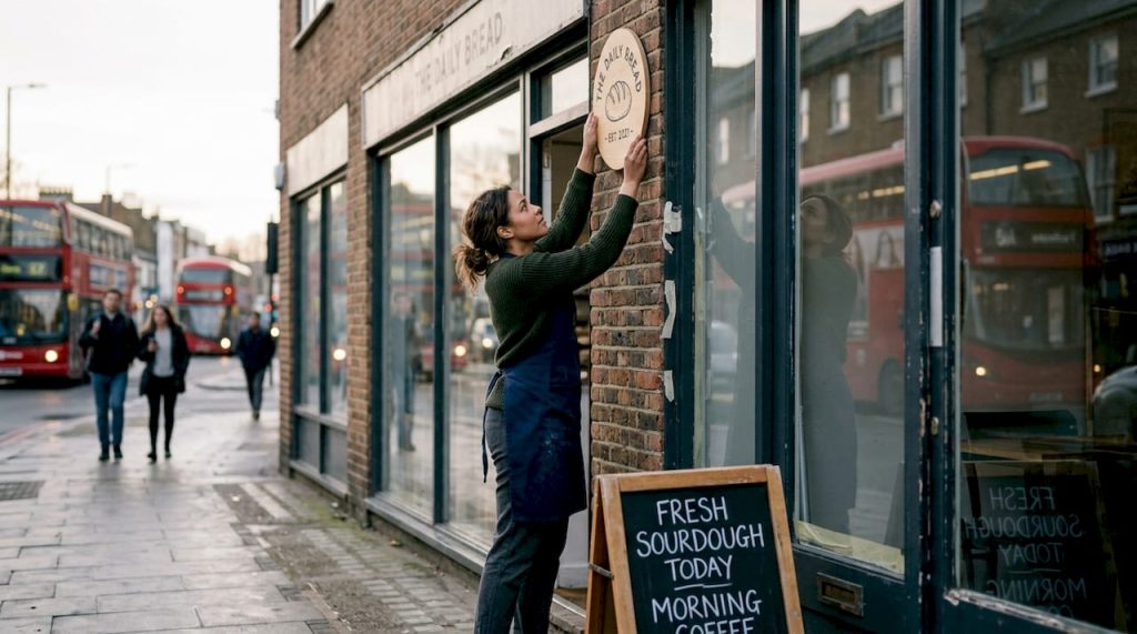 Shop owner installs branded sign in London