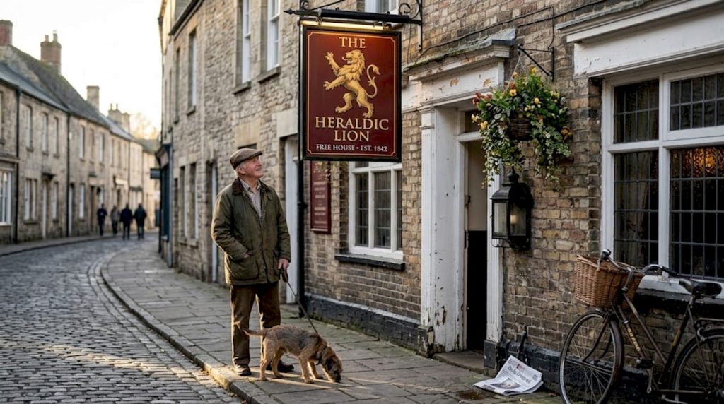 Older man walking dog by historic pub sign