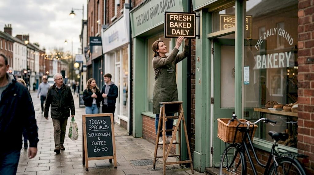Shop owner installing LED sign outside bakery