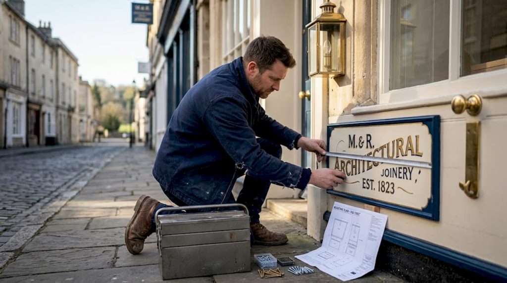 Installer measuring timber sign outside Georgian shop