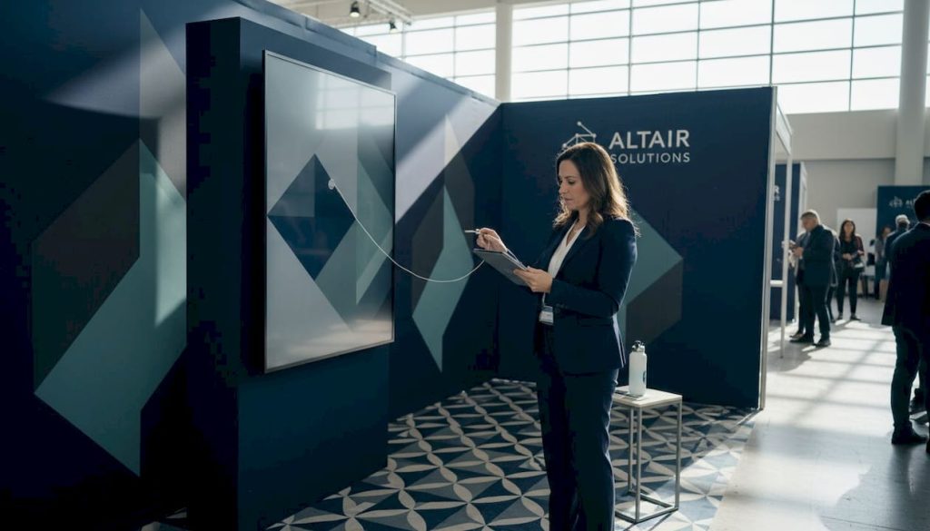 Marketing manager updating branded exhibition booth