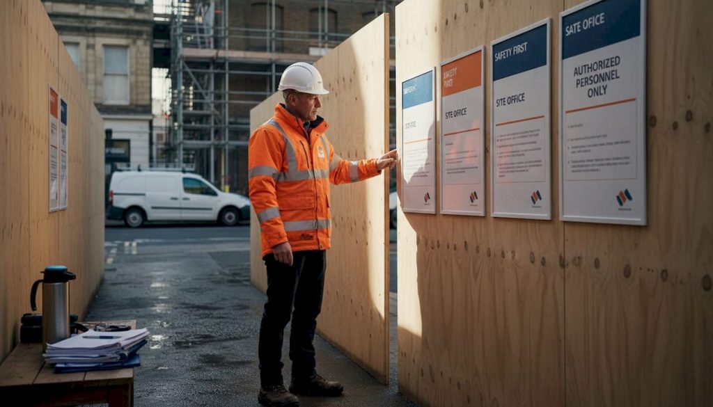 Site manager checking hoarding signage at construction entrance