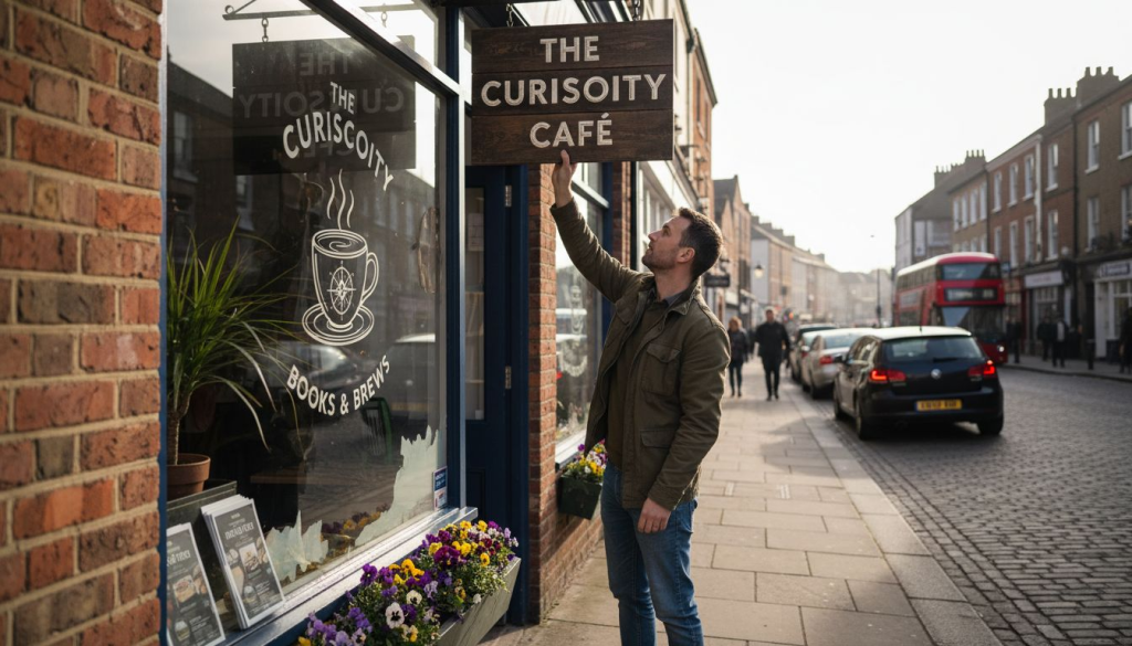 Shop owner adjusting street signage UK