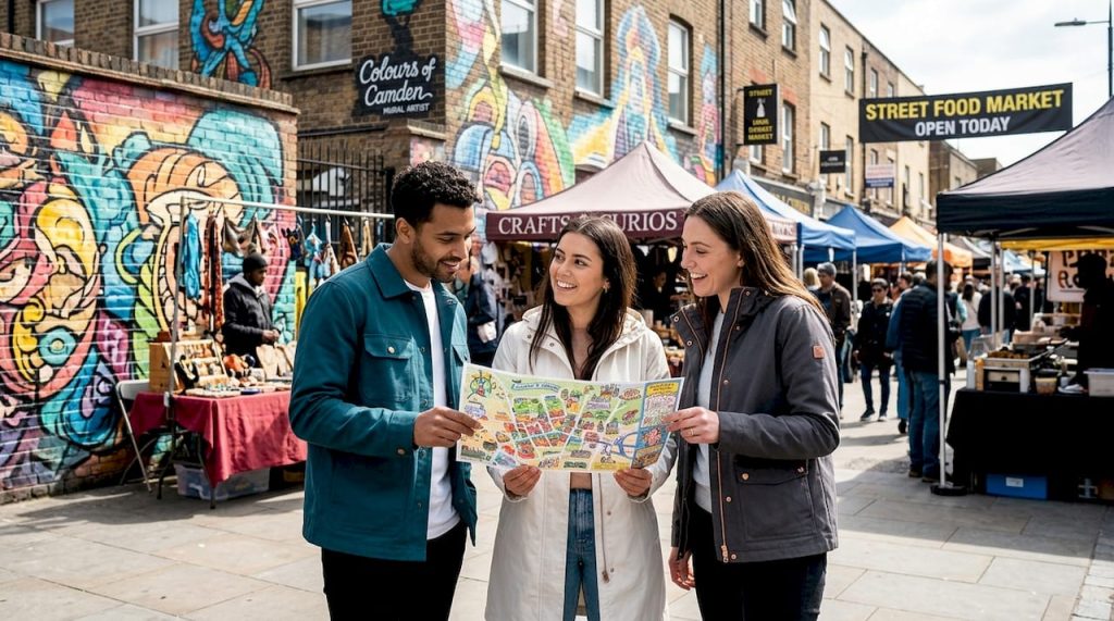 Tourists examining map near vibrant London street art