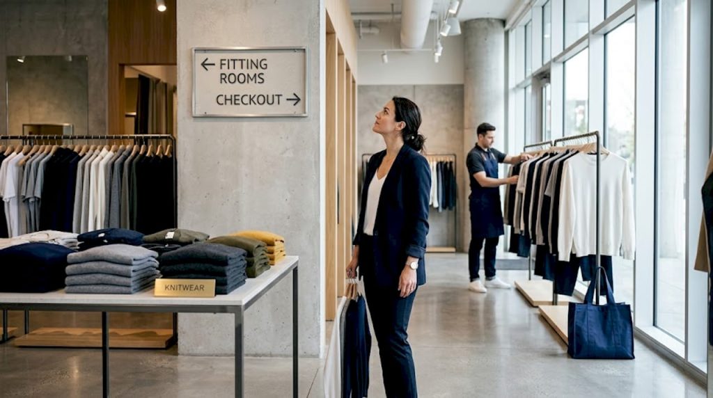 Customer navigating store using wayfinding sign