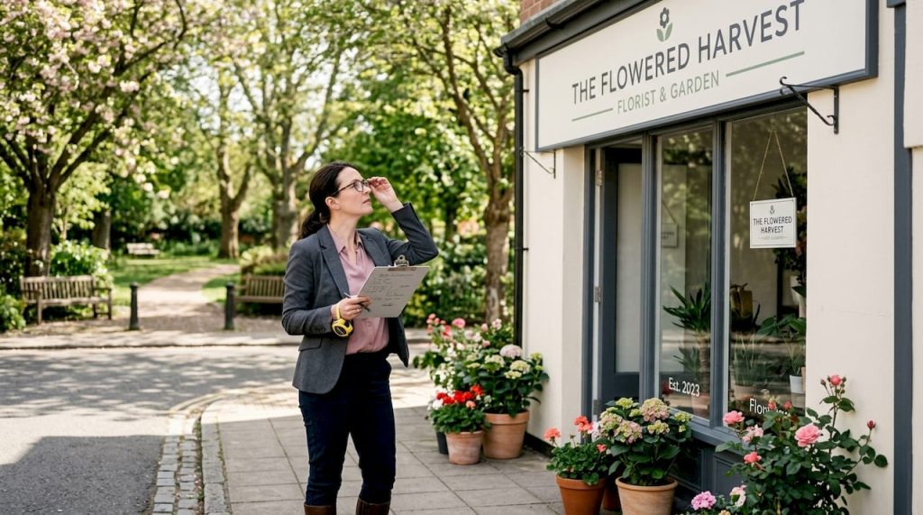 Business owner checking shop sign placement