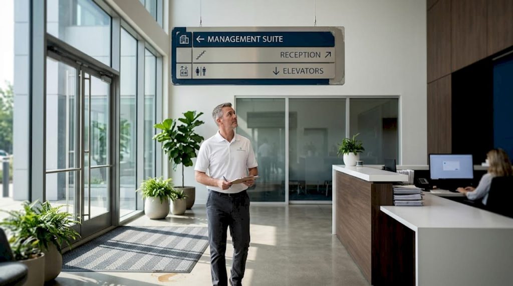 Facilities manager checks wayfinding signage