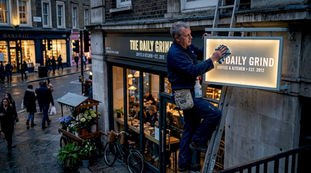 Worker gently cleaning illuminated storefront sign
